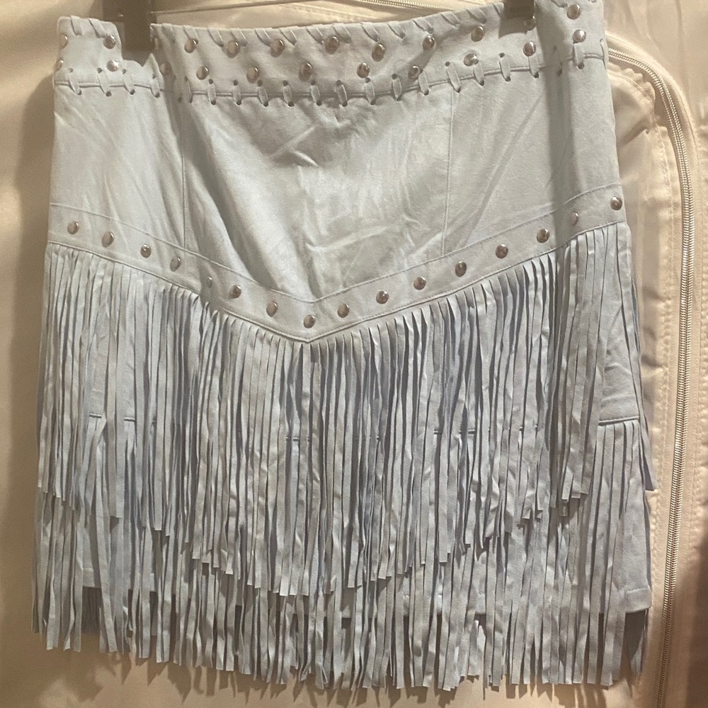 Idyllwind Sky Blue Fringe Mini Skirt - Picture 3 of 7